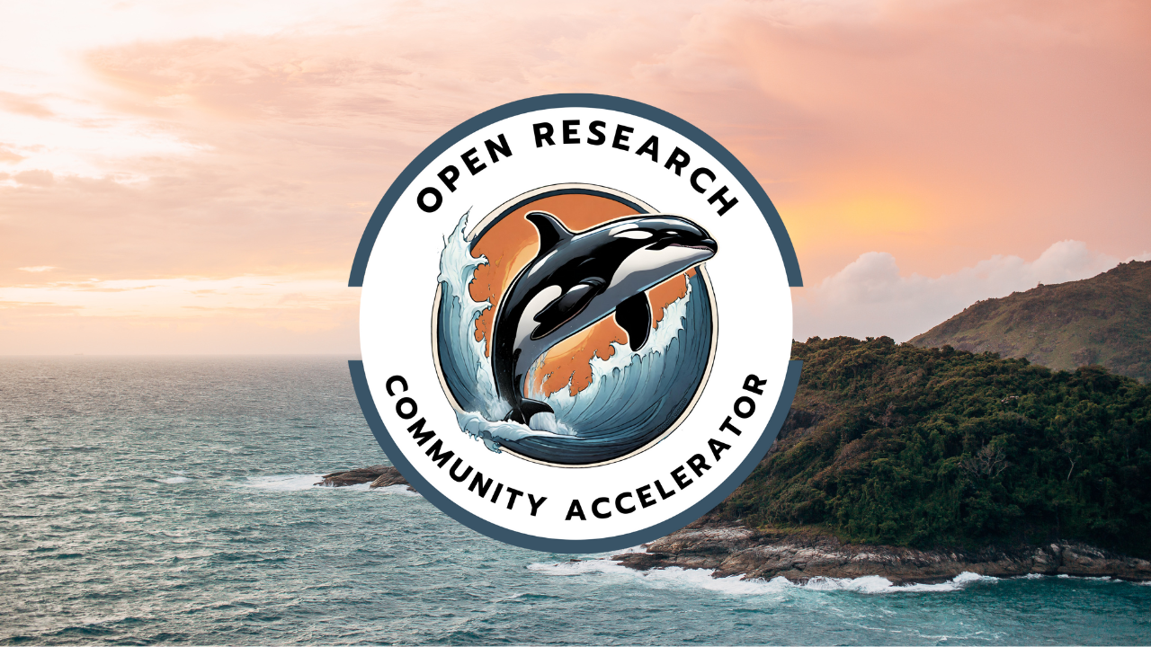 The Open Research Community Accelerator logo on a sunset beach background